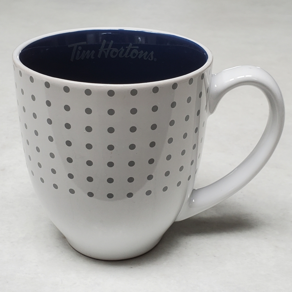 Tim Hortons Coffee Cup Mug 2017 White With Grey Dots Navy Blue Inside